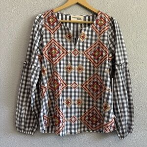 Savanna‎ Jane Checkered Embroidered Blouse Size Small NWT